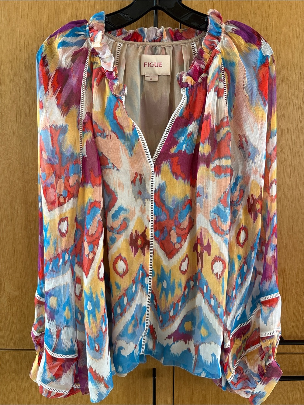 Figue Luz Silk Blouse V Neck Watercolor Colorful Print Womens size XLarge - Picture 3 of 16